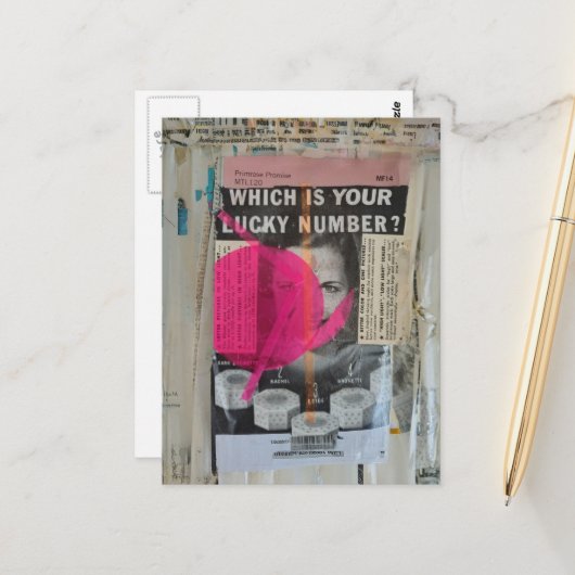 Geluksgetal Mixed media collage Briefkaart (Voorkant / Achterkant in situ)