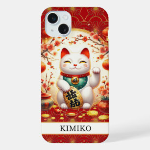 Gelukskat Met Gouden Munten Op Rode Monogram iPhone 15 Plus Case