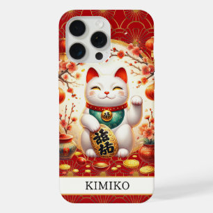 Gelukskat Met Gouden Munten Op Rode Monogram iPhone 15 Pro Max Case