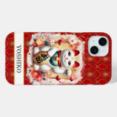 Gelukskat Met Rode Bloemen Geborduurd Monogram Case-Mate iPhone Case (Achterkant (horizontaal))