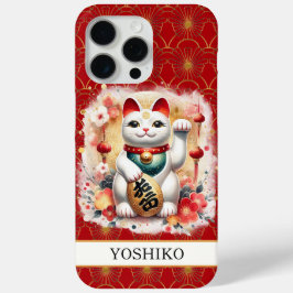 Gelukskat met Rode Bloemen Geborduurd Monogram iPhone 15 Pro Max Hoesje