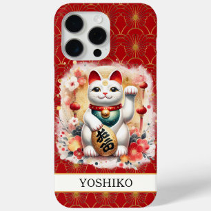 Gelukskat met Rode Bloemen Geborduurd Monogram iPhone 15 Pro Max Hoesje