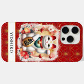 Gelukskat met Rode Bloemen Geborduurd Monogram Case-Mate iPhone Case (Achterkant (horizontaal))