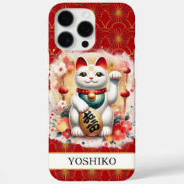 Gelukskat Met Rode Bloemen Met Monogram iPhone 16 Pro Max Hoesje