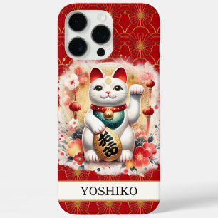 Gelukskat Met Rode Bloemen Met Monogram iPhone 16 Pro Max Hoesje