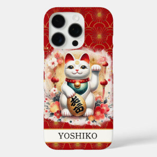 Gelukskat Met Rode Bloemen Met Monogram iPhone 16 Pro Hoesje