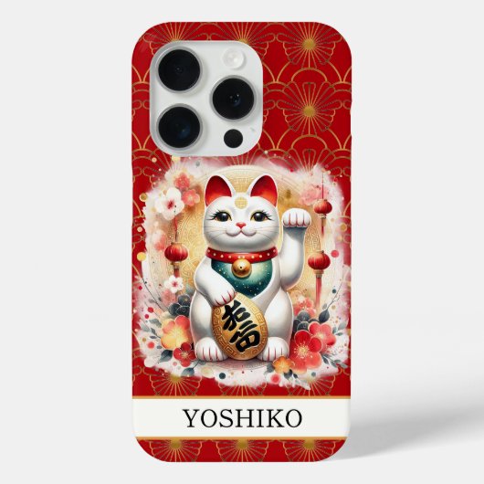 Gelukskat Met Rode Bloemen Met Monogram Case-Mate iPhone Case (Achterkant)