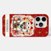 Gelukskat Met Rode Bloemen Met Monogram Case-Mate iPhone Case (Achterkant (horizontaal))