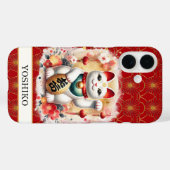 Gelukskat Met Rode Bloemen Met Monogram Case-Mate iPhone Case (Achterkant (horizontaal))