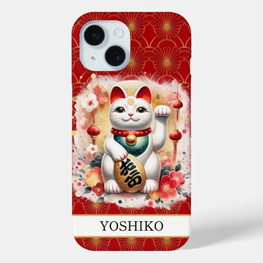 Gelukskat Met Rode Bloemen Met Monogram Case-Mate iPhone Case (Achterkant)