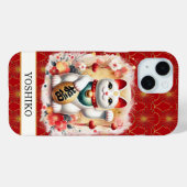 Gelukskat Met Rode Bloemen Met Monogram Case-Mate iPhone Case (Achterkant (horizontaal))