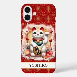 Gelukskat Met Rode Bloemen Met Monogram iPhone 16 Plus Hoesje