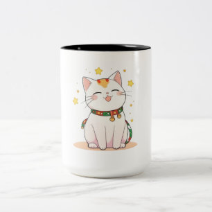 Gelukskat met Sterren Kawaii Ontwerp Tweekleurige Koffiemok