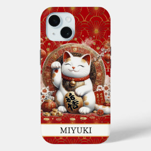 Gelukskat Met Vergulde Munten Met Initialen iPhone 15 Case