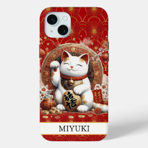 Gelukskat Met Vergulde Munten Monogram iPhone 15 Mini Hoesje