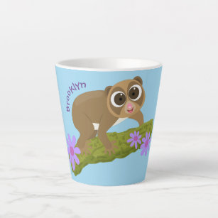 Geluksvochtige langzaam-loris op de cartoon van ee latte mok