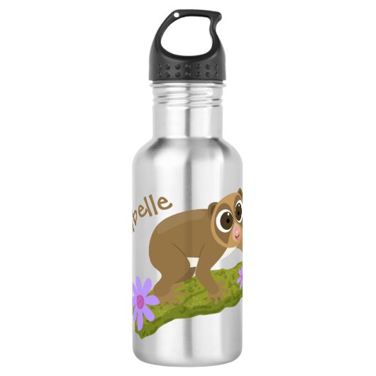 Geluksvochtige langzaam-loris op de cartoon van ee waterfles  (Voorkant)