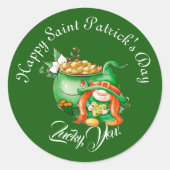 Geluksvogel Dwerg Sint-Patricksdag Pot Met Goud Ronde Sticker (Voorkant)