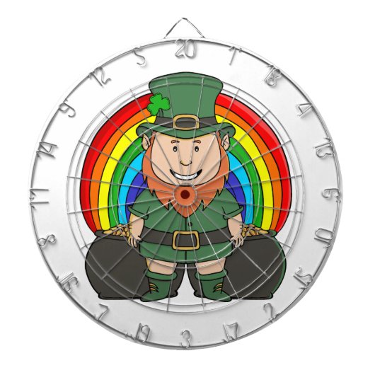 Geluksvogel Leprechaun met Regenboog Pot met Goud Dartbord (Voorkant)