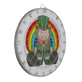 Geluksvogel Leprechaun met Regenboog Pot met Goud Dartbord (Voorkant Links)