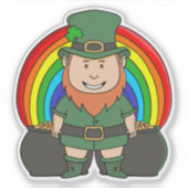 Geluksvogel Leprechaun met Regenboog Pot met Goud Sticker (Voorkant)
