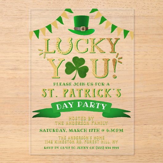 Geluksvogel! St. Patrick's Day-feest Acryl Uitnodigingen (Voorkant)