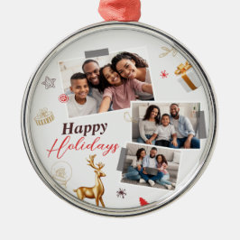 Gelukzalige Feestdagen Familie Drie Foto Collage Metalen Ornament