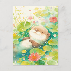 Gelukzalige Otter Drijvend in Waterlelie Vijver Briefkaart