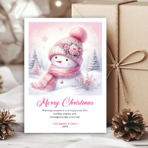 Gelukzalige roze sneeuwman kindercard bewerkbare d feestdagenkaart