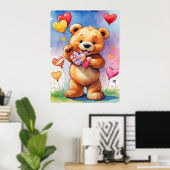 Gelukzalige teddybeer met hartgeschenk en ballonne poster (Thuiskantoor)