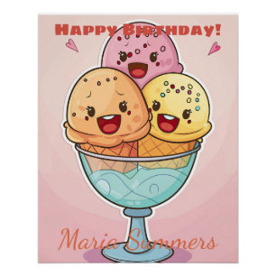 Gelukzalige Verjaardag Gelato Ijs Kawaii Cartoon 2 Perfect Poster