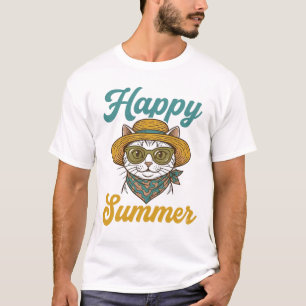Gelukzalige Zomer Kat Vintage Gravure Shirt Ontwer