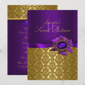 Gem & Bow|Paarse Sweet 16 Uitnodiging (Voorkant / Achterkant)