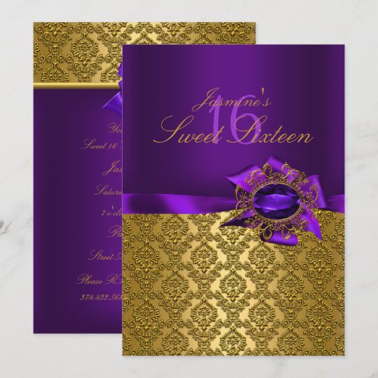 Gem & Bow|Paarse Sweet 16 Uitnodiging (Voorkant / Achterkant)
