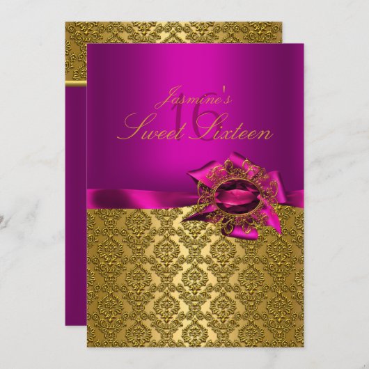 Gem & Bow | Roze gezoet 16 Uitnodiging (Voorkant / Achterkant)