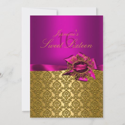 Gem & Bow| Roze Sweet 16 Uitnodiging (Voorkant)