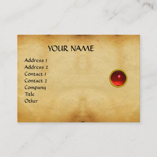 GEM MON ,RED RUBY, GREY AGATA, perkament Visitekaartje (Voorkant)