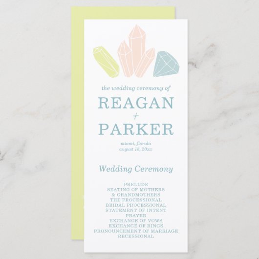 Gem Stones Moderne Pastel Groene Bruiloft Programmakaart (Voorkant / Achterkant)