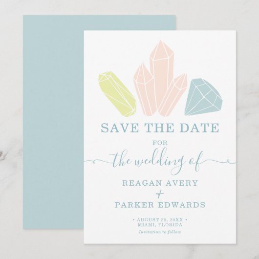 Gem Stones Pastel Blue Elegant Wedding Save The Date (Voorkant / Achterkant)