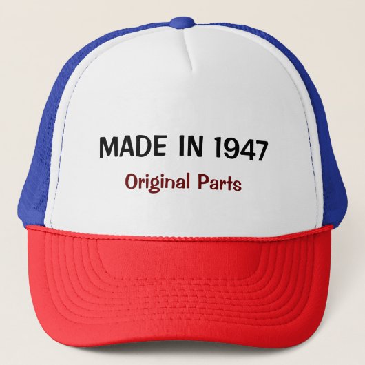 Gemaakt in 1947, ontwerp oorspronkelijke onderdele trucker pet (Voorkant)