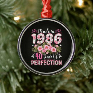 Gemaakt in 1986 Bloemige 40e Verjaardag Vrouwen Bl Metalen Ornament