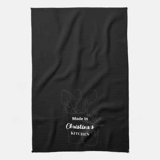 Gemaakt in [Jouw naam] Keuken Zwart Houten Lepel Theedoek (Verticaal)