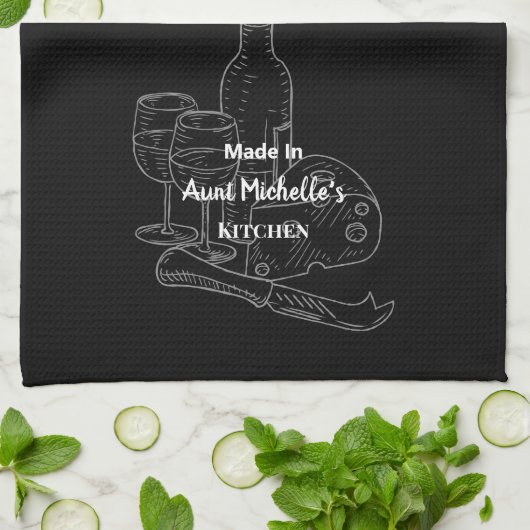 Gemaakt in [Jouw naam] Keuken Zwart Wijn & Kaas Theedoek (Gevouwen)