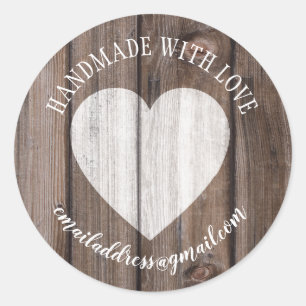 Gemaakt met liefde bedrijfsnaam hout hart ronde sticker