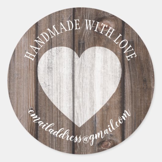 Gemaakt met liefde bedrijfsnaam hout hart ronde sticker (Voorkant)