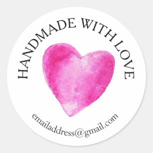 Gemaakt met liefde bedrijfsnaam roze hart ronde sticker