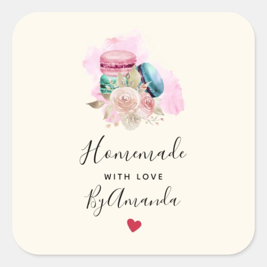 Gemaakt met Liefde Elegante Macarons in Waterverf Vierkante Sticker (Voorkant)
