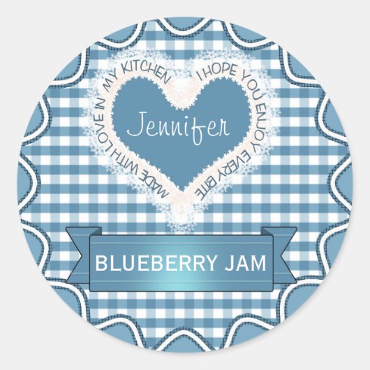 Gemaakt met liefde Gingham Blue Ronde Sticker (Voorkant)