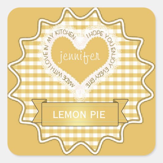 Gemaakt met liefde Gingham Geel Vierkante Sticker (Voorkant)