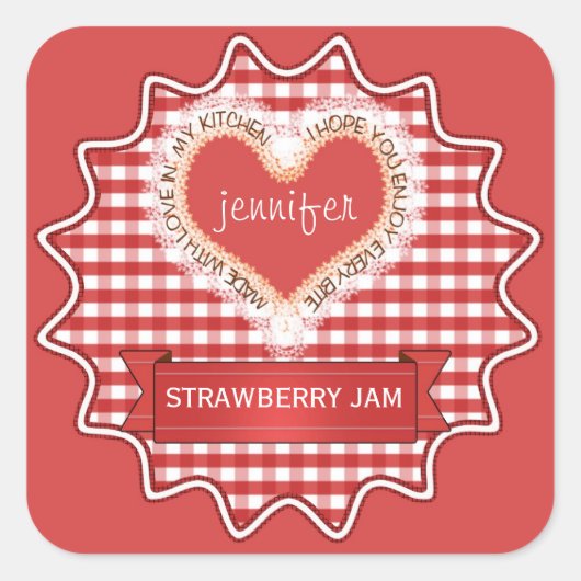 Gemaakt met liefde Gingham Red Vierkante Sticker (Voorkant)